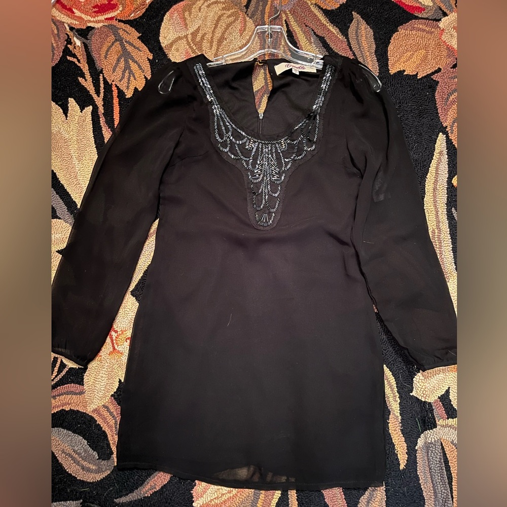 Elegant Black chiffon 1960’s reproduction mini Dress with Beaded Detail